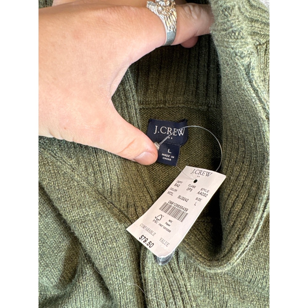 J. Crew Womens Large Green Shawl Collar Pullover Lambswool Knit Sweater AA032